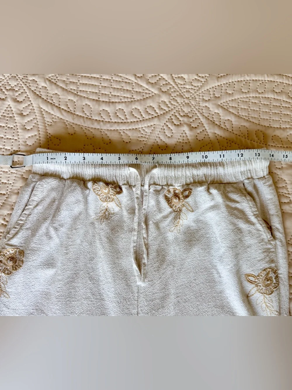ComfyLuxe Linen Cotton Embroidered Wide Leg Pants Boho Drawstring Pockets M/L